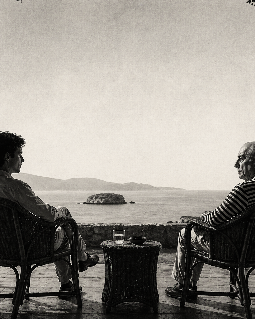 Conchis y Nicholas en el porche de Bourani mirando al mar en blanco y negro – El Mago de John Fowles