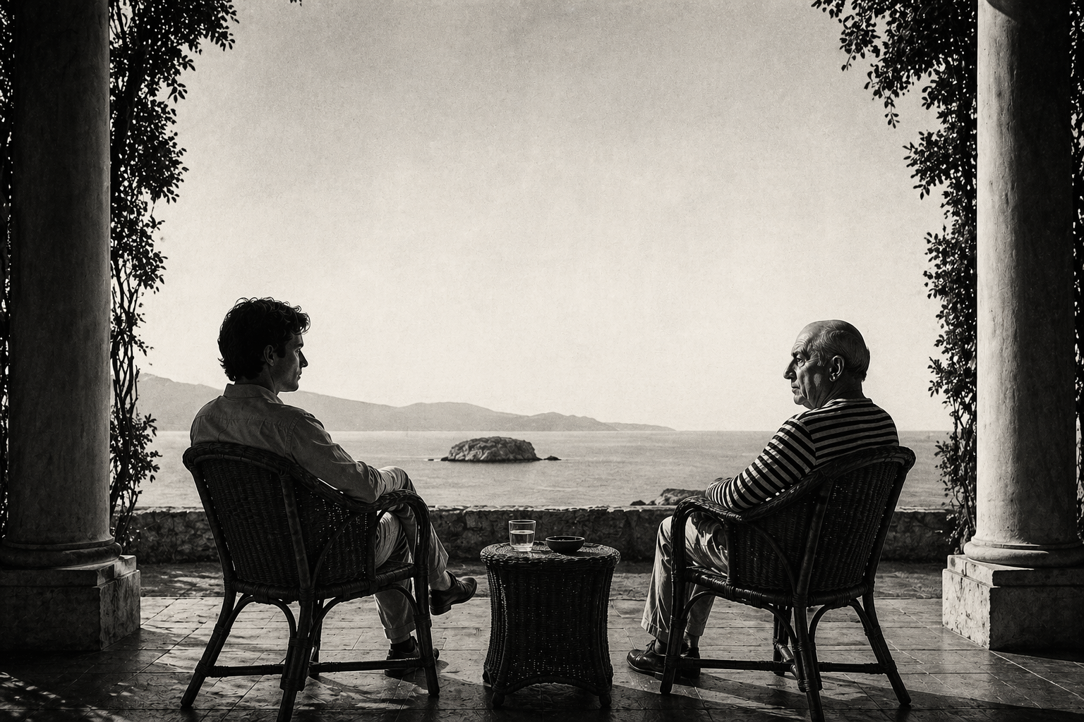 Conchis y Nicholas en el porche de Bourani mirando al mar en blanco y negro – El Mago de John Fowles