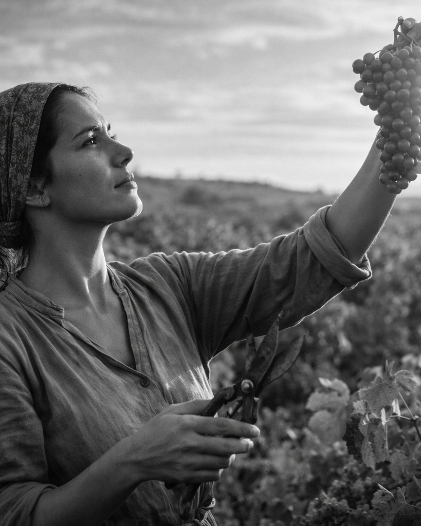mujer vendimiadora levantando racimo de uvas al sol, escribir para entender la vida