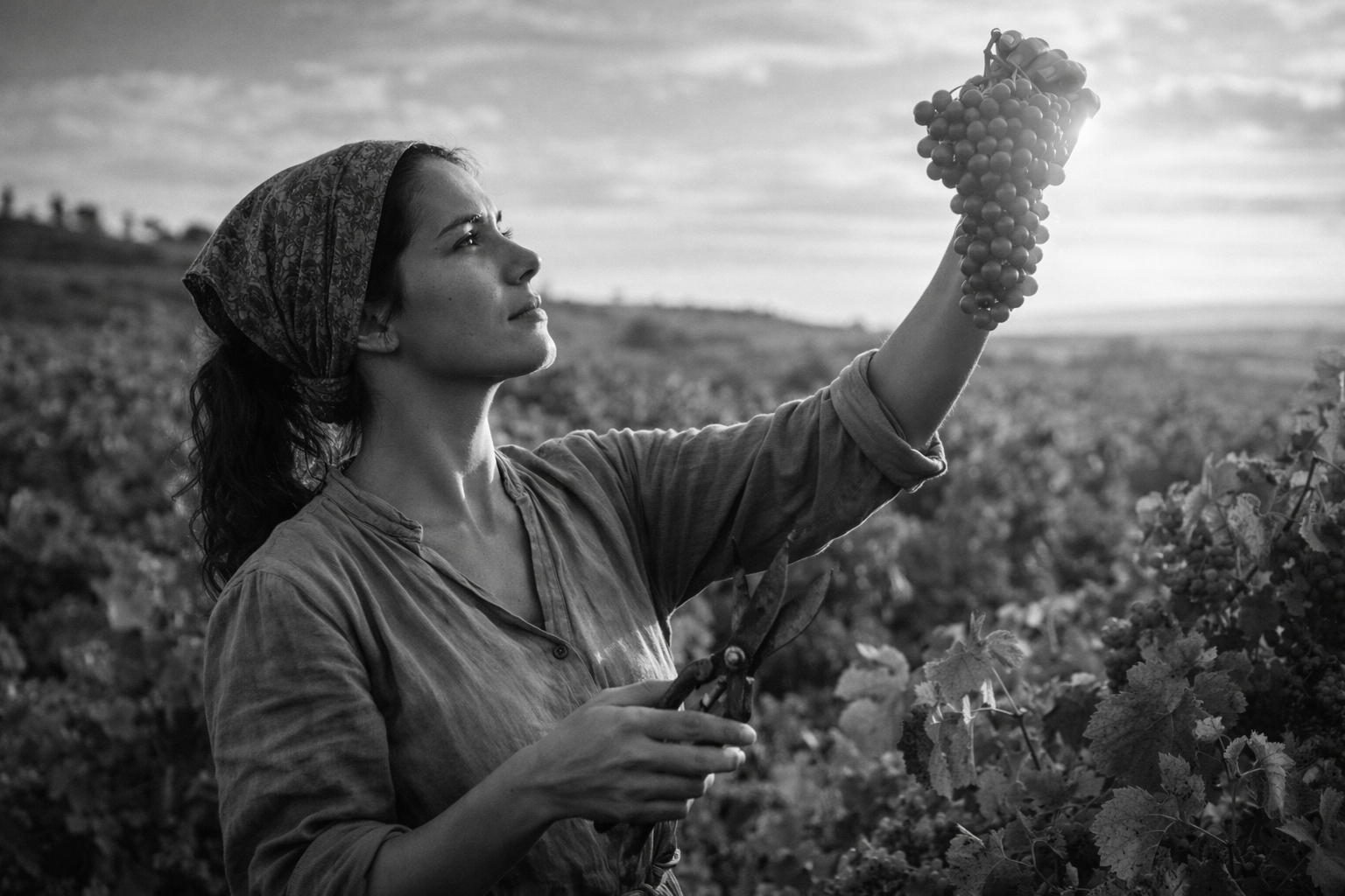 mujer vendimiadora levantando racimo de uvas al sol, escribir para entender la vida